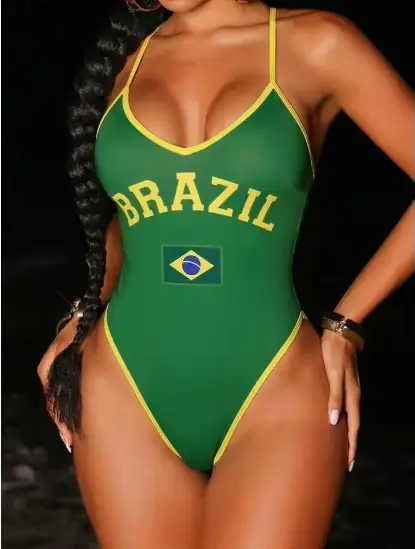 Maillot de bain une pièce sexy imprimé drapeau brésilien pour femme, collection été 2026