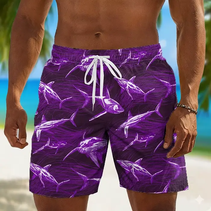 Shorts à cordon de serrage bleu marine pour hommes, imprimé requin, short de bain décontracté et ample pour la plage et les vacances au printemps et en été