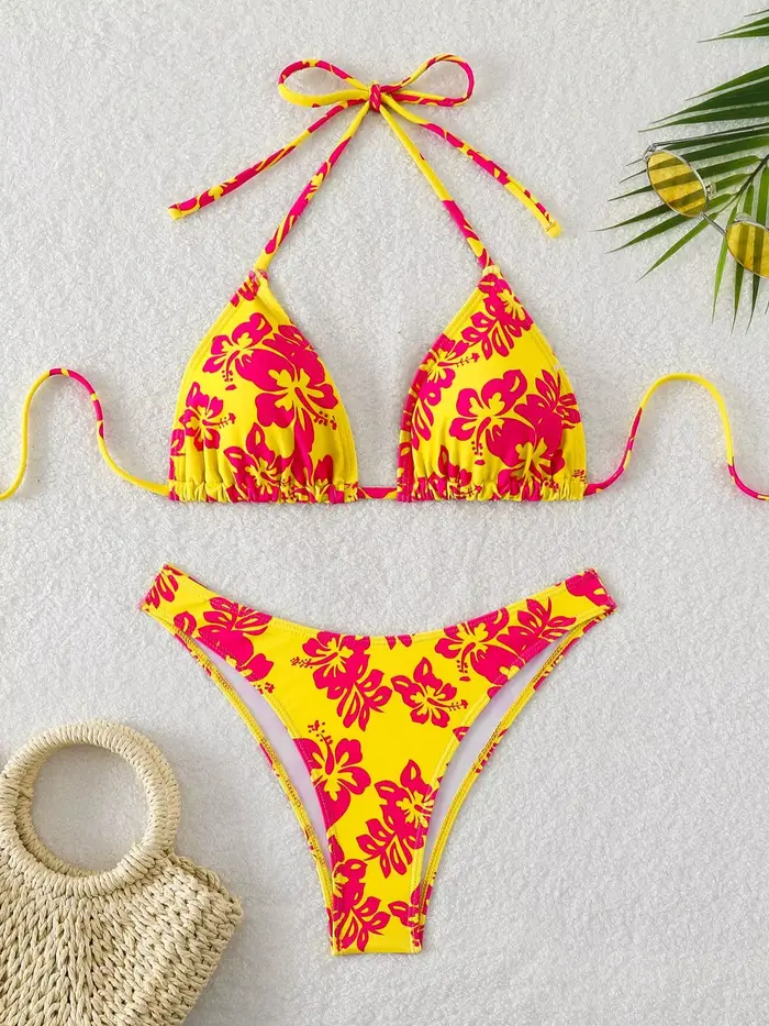 Maillot de bain 2 pièces imprimé floral rétro, bikini à lacets, sexy, taille haute, pour femmes, été