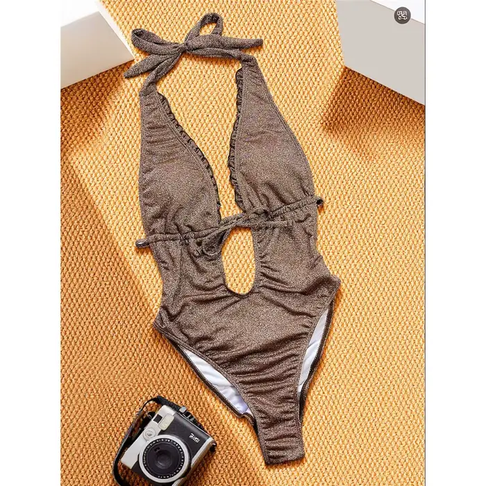 Maillot de bain une pièce scintillant 2026 pour femme, col en V profond, dos nu, froncé aux fesses, 