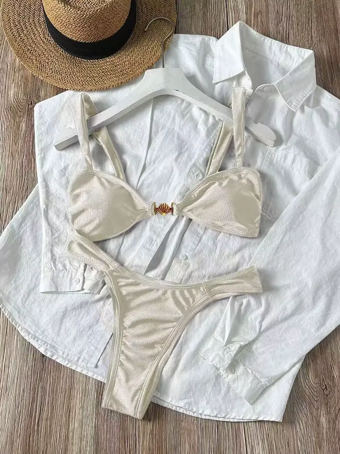 Ensemble de bikini sexy orné de coquillages métalliques 2026 pour femme, rose vif, avec soutien-gorg