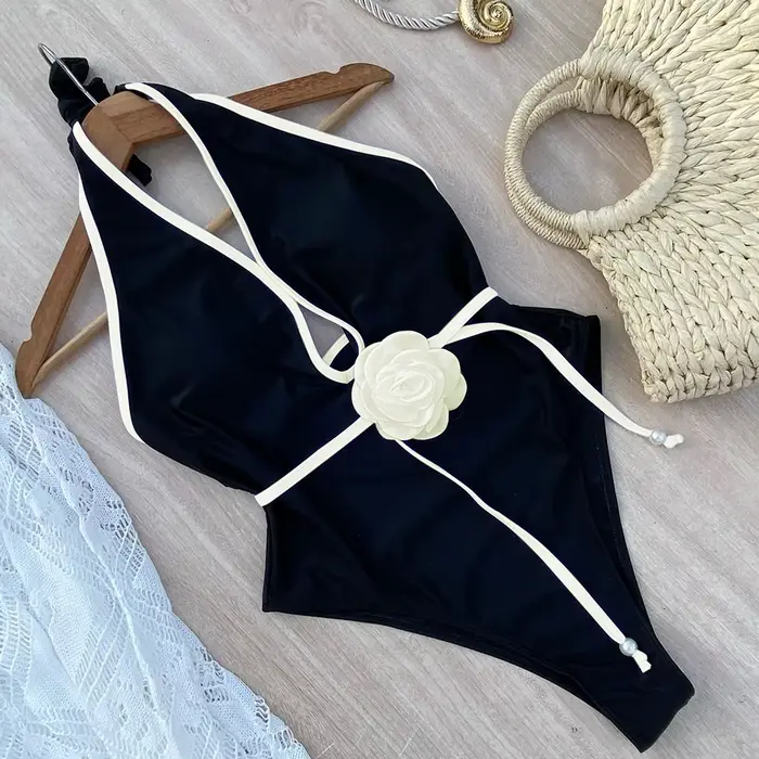 Maillot de bain une pièce à fleurs, col licou, Bandage, pour femmes, vêtements de plage, Monokini, nouvelle collection, 2024