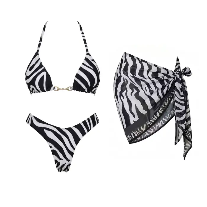 Ensemble bikini 3 pièces imprimé zèbre, maillot de bain sexy pour femme, bandeau, biquini push-up, maillot de bain coupe haute, tenue de plage