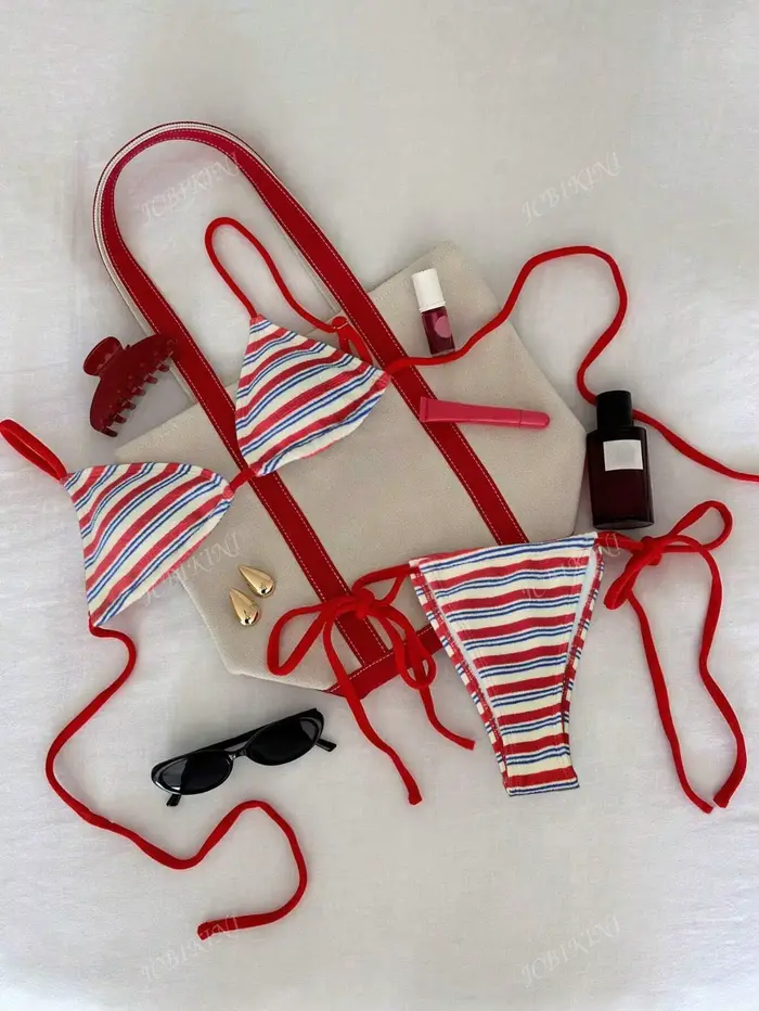 2026 Ensemble de bikini sexy à rayures pour femme, maillot de bain brésilien, tenue de plage, maillo