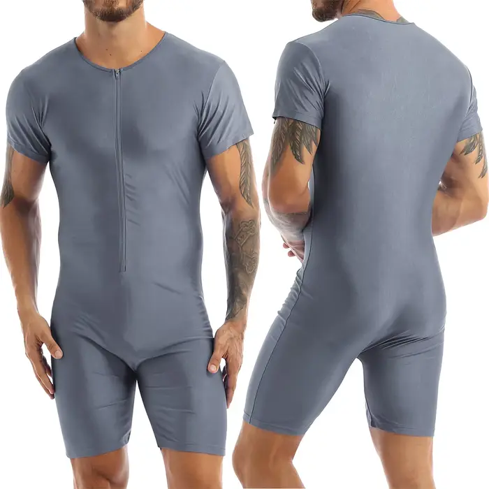 Maillot de bain une pièce pour hommes, manches courtes, fermeture éclair, brillant, doux, Boxer, bod