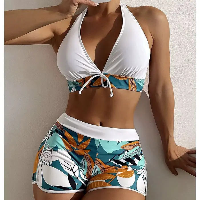 Ensemble de bikini halter pour femme, maillot de bain court taille haute imprimé, tenue de plage