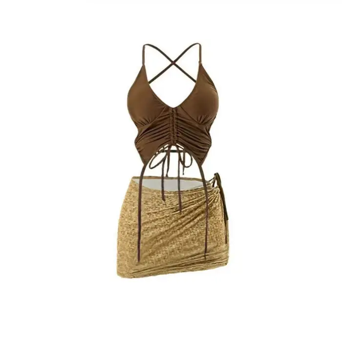 Maillot de bain style halter couleur café, ensemble bikini à lacets, mini style amincissant, dos nu 