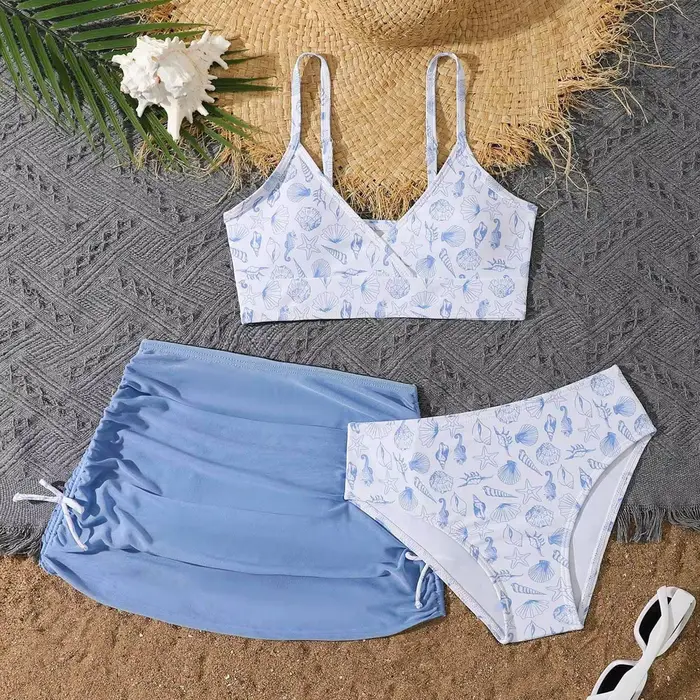 Maillot de bain 3 pièces pour adolescentes, ensemble bikini avec jupe de plage, pour enfants de 8 à 