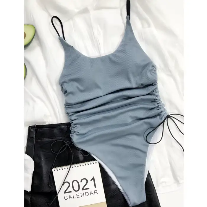 Maillot de bain une pièce uni pour femmes, avec cordon de serrage, dos nu, côtelé, vêtements de spor