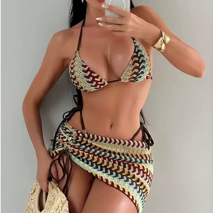 Bikini imprimé avec jupe licou maillot de bain à bretelles femmes maillots