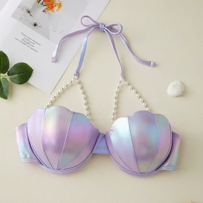 Hauts de bikini à perles pour femmes, col licou, paillettes, coquille, maillot de bain, style plage, vêtements de station