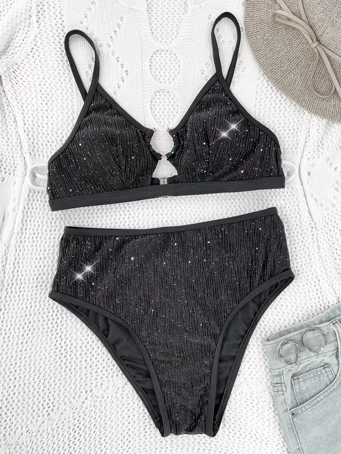 Maillot de bain deux pièces noir brillant pour femme, bikini taille haute évidé avec anneau 2026, ma