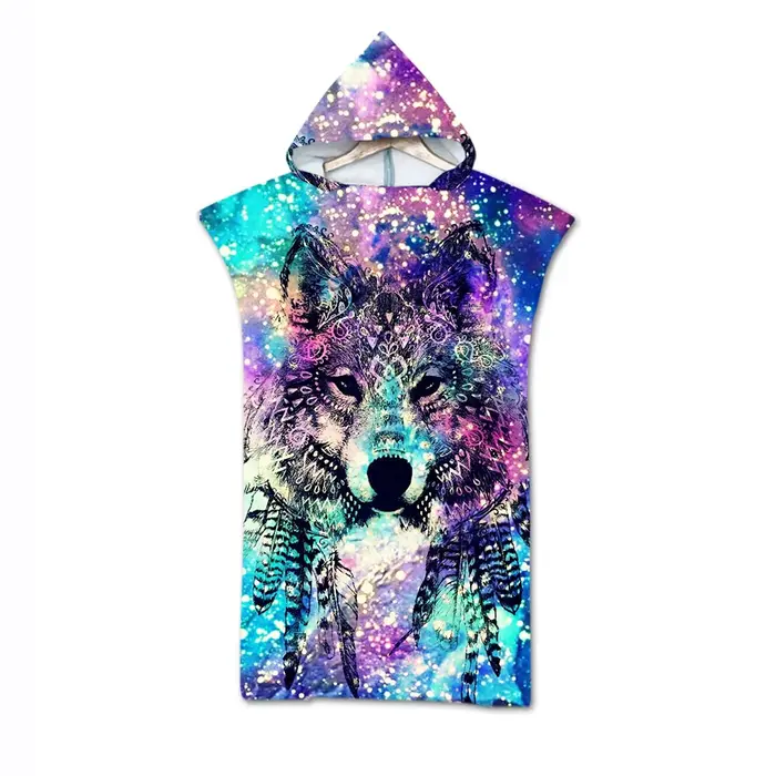 Serviette de plage de bain avec capuche, en microfibre, imprimé loup, Robe à capuche, Poncho pour la