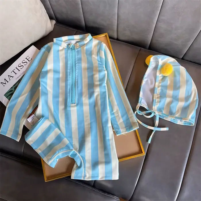 Combinaison de bain rayée avec bonnet pour bébé fille, 2 pièces, protection UV, vêtements de natatio