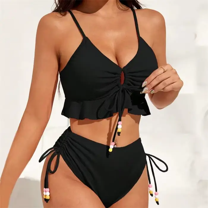 Maillot de bain bikini séparé pour femme, couleur unie, avec volants et bordure en dentelle, nouveau