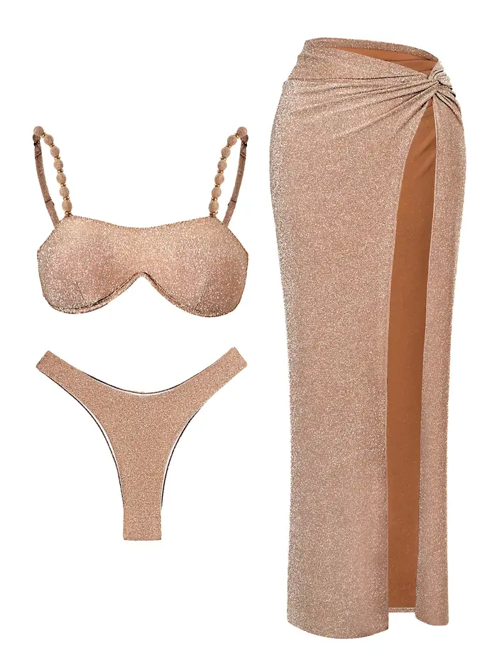 Glam Gold – ensemble Bikini 3 pièces, maillot de bain Bandeau scintillant, fente haute, avec couverture, vêtements de plage, tenue de Luxe, nouvelle collection 2021, K288