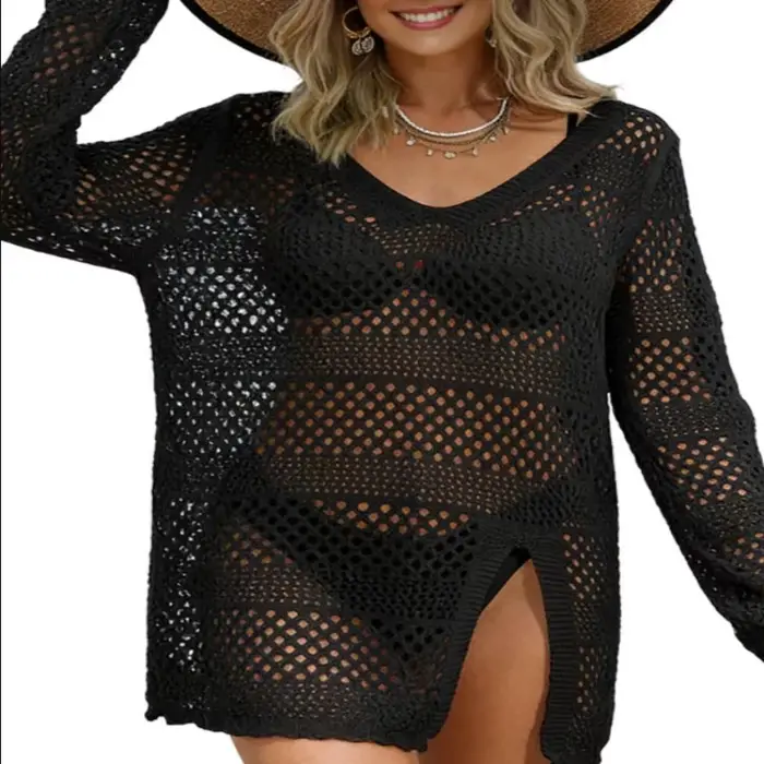 Robe de plage en maille crochetée pour femme, cache-maillot de bain, pull en tricot
