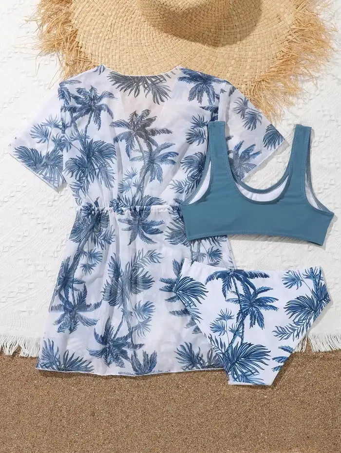 Ensemble 3 pièces imprimé : Maillot de bain pour filles 2026 avec kimono, tenue de bain pour enfants, maillot de bain féminin, vêtements de plage