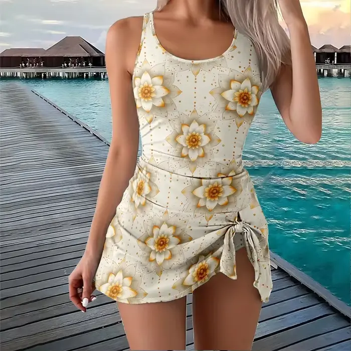 Maillot de bain une pièce à bretelles, imprimé Floral géométrique, contrôle du ventre, pour femmes, 