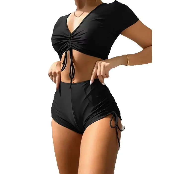 Maillot de Bain Sexy à Manches Courtes et Col en V