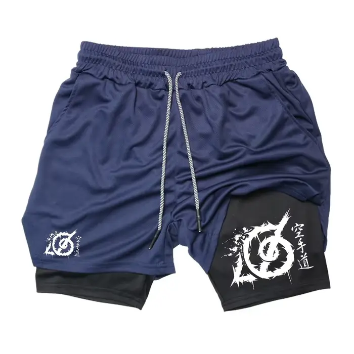 Short de sport 2-en-1 pour homme avec motif karaté, idéal pour la course et la gym, avec doublure de