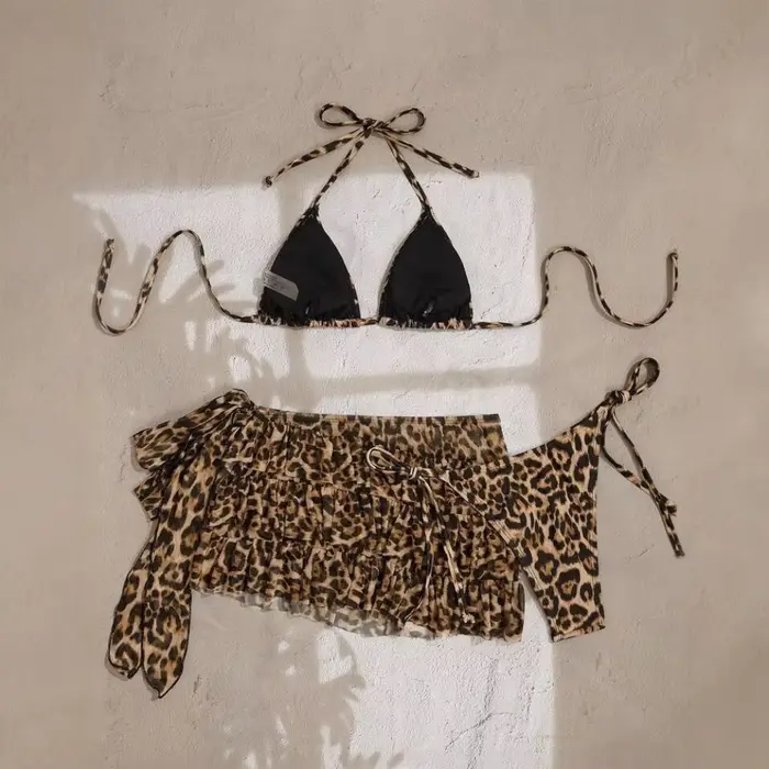 Ensemble Bikini 3 pièces imprimé léopard pour femmes
