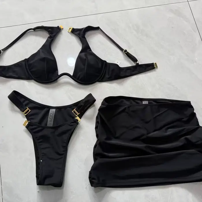 Ensemble bikini 3 pièces pour femme, maillot de bain sexy push-up, tenue de plage avec jupe et paréo