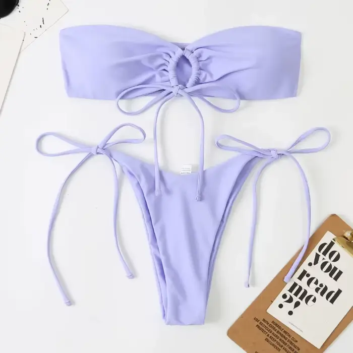Ensemble micro bikini bandeau sexy avec détail nœud, maillot de bain brésilien taille haute string, 