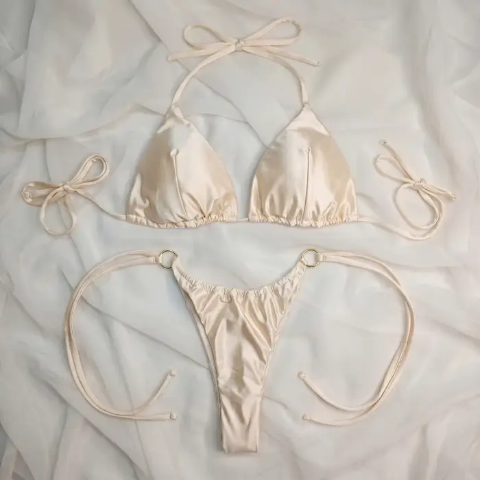 Bikini brillant pour femme, ensemble de maillot de bain à coupe haute, tenue de plage et de villégia