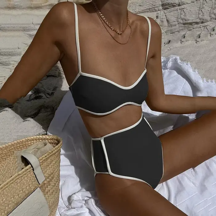 Noir 2 pièces Bikini ensemble maillot de bain 2025 Vintage taille haute maillots de bain femmes mail