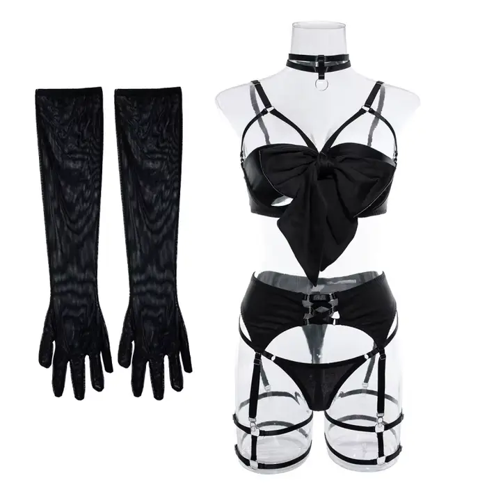 Maillot de bain bikini avec porte-jarretelles, design ajouré, ensemble trois pièces push-up, nœud de haute qualité avec gants