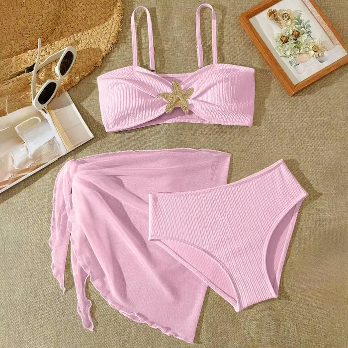 Maillot de bain 3 pièces pour fille, ensemble bikini à bretelles spaghetti, maillot de bain avec paréo, maillot de bain pour fille de 12 ans, купальник детский