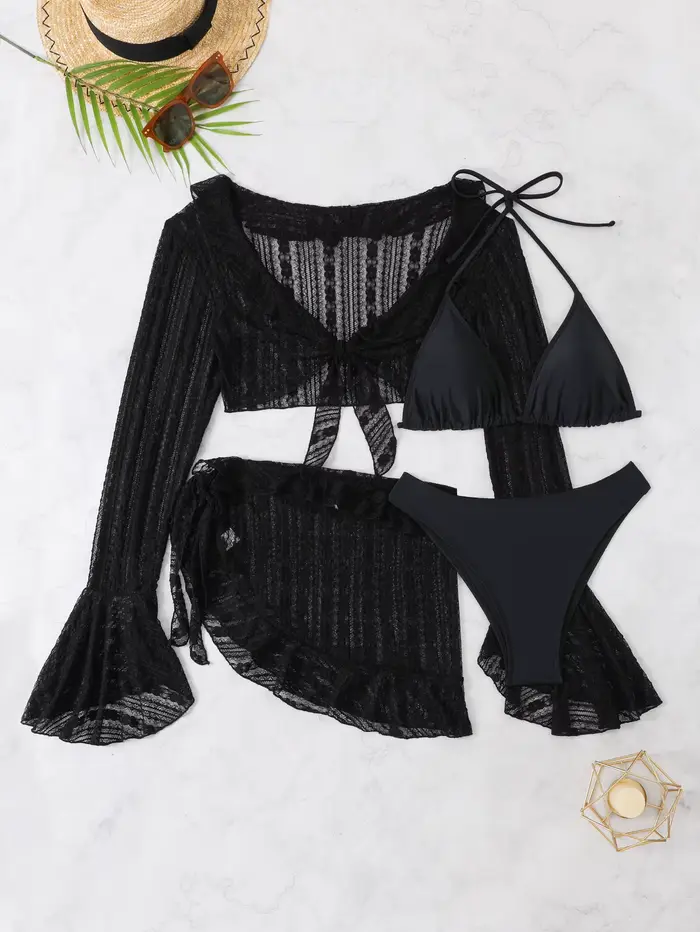 Maillot de bain à manches longues avec jupe pour femme, cover-up string, ensemble de bikinis, vêteme