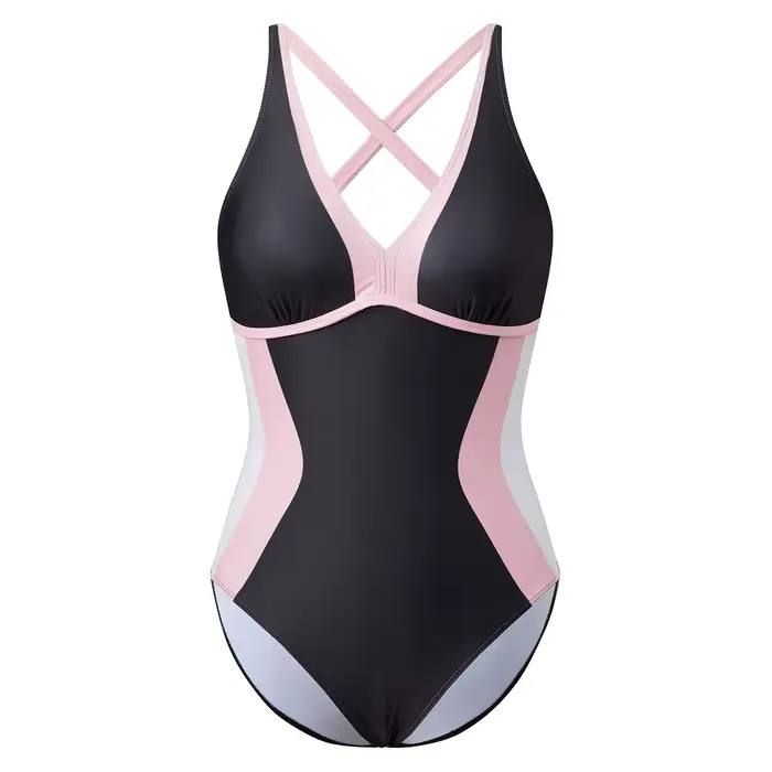 Maillot de bain monokini d'été pour femmes, couleurs contrastées, col en v, dos noué, sans manches, 