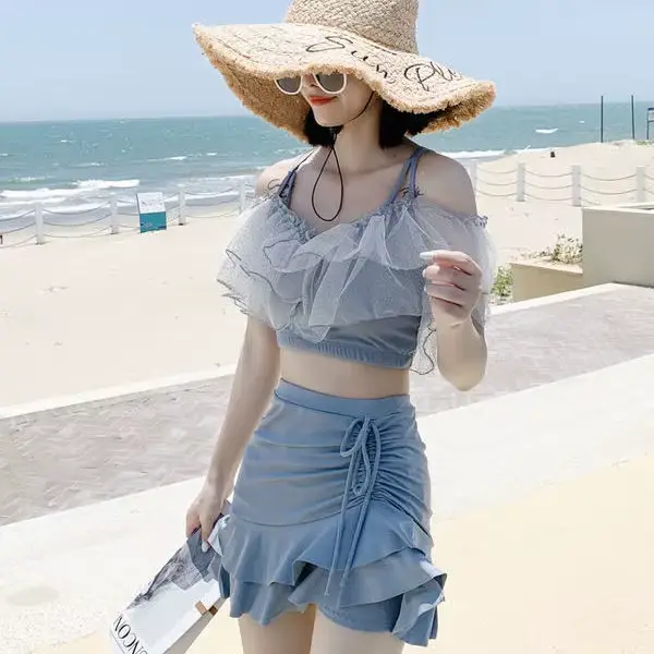 Maillot de bain deux pièces pour femmes, bikini sexy, élégant, dos nu, à volants tendres, à la mode,
