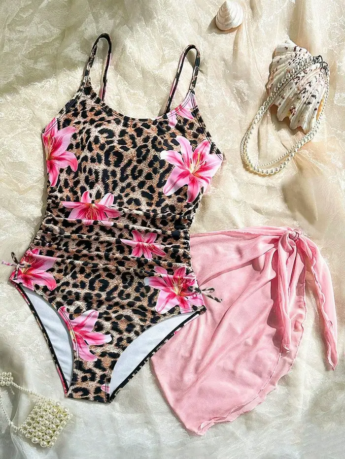 Maillot de bain 3 pièces imprimé léopard pour enfants avec bretelles spaghetti, cordon de serrage la