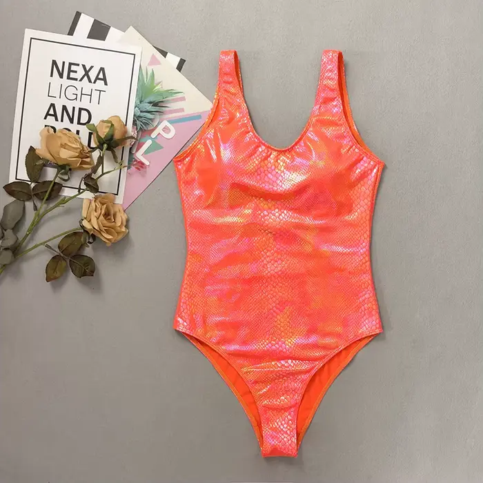 Maillot de bain une pièce imprimé peau de serpent Orange brillant, Sexy, col en U, amincissant, dos 