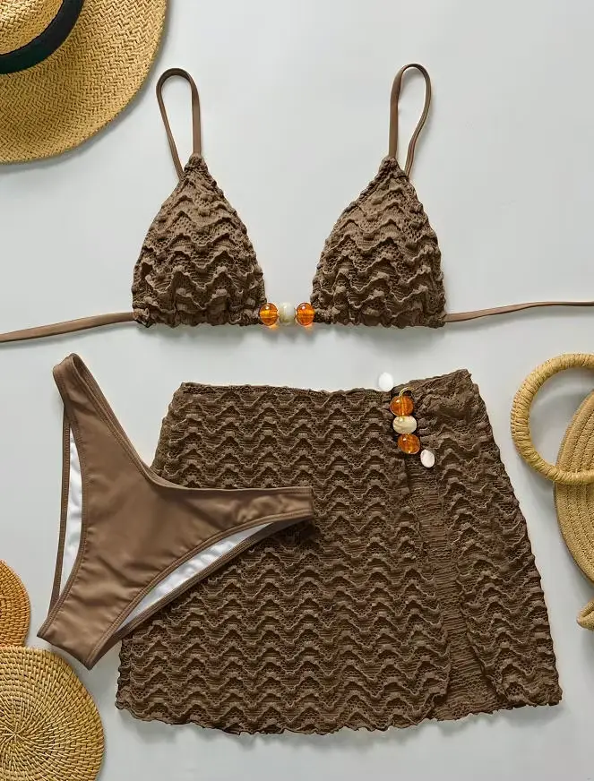 Ensemble de bikini sexy femmes licou soutien-gorge push up jupe 3 pièces maillot de bain maillot de 