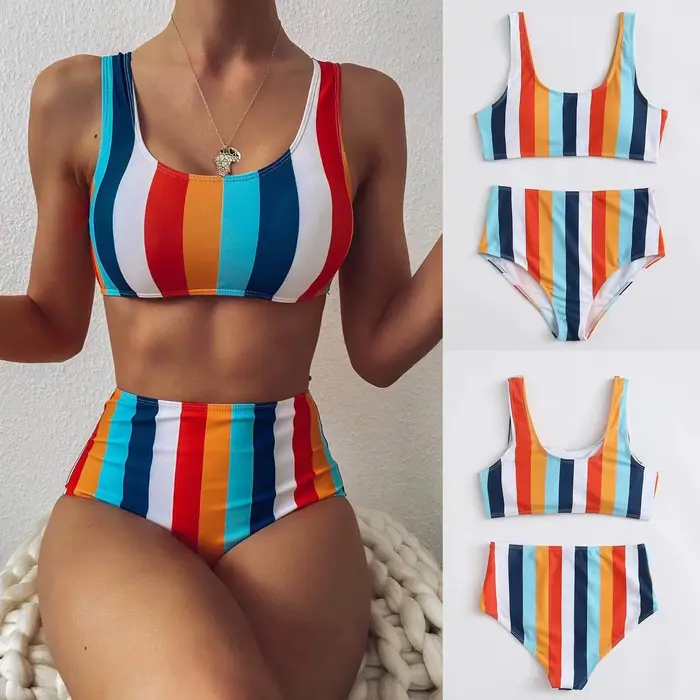 Maillot de bain à rayures, sexy, soutien-gorge push up, culotte taille haute, col licou, ensemble de