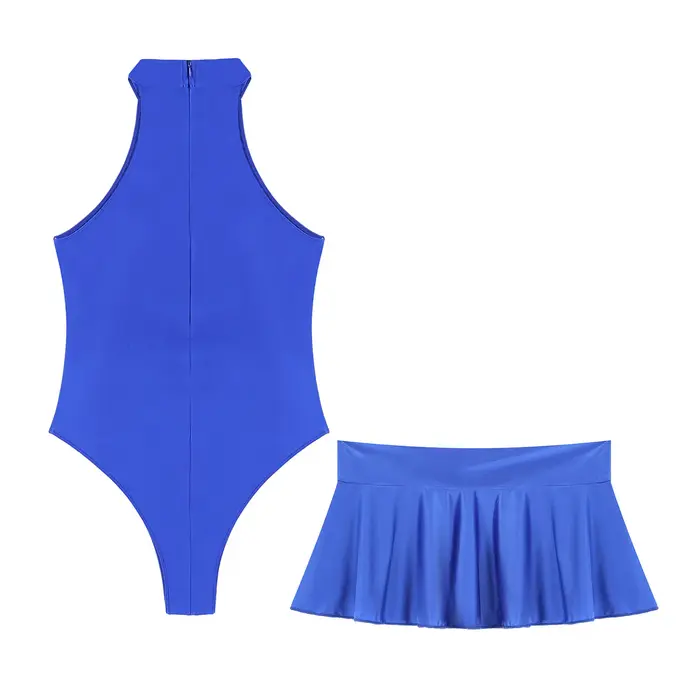 Maillot de bain brillant pour femmes, ensemble élastique, sans manches, coupe haute, justaucorps avec Mini jupe à volants, maillot de bain ﻿ ar
