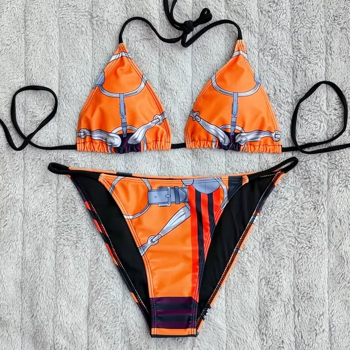 Luxe Sexy Orange géométrie imprimé Bikini 2 pièces ensemble femmes licou élastique string maillot de bain plage