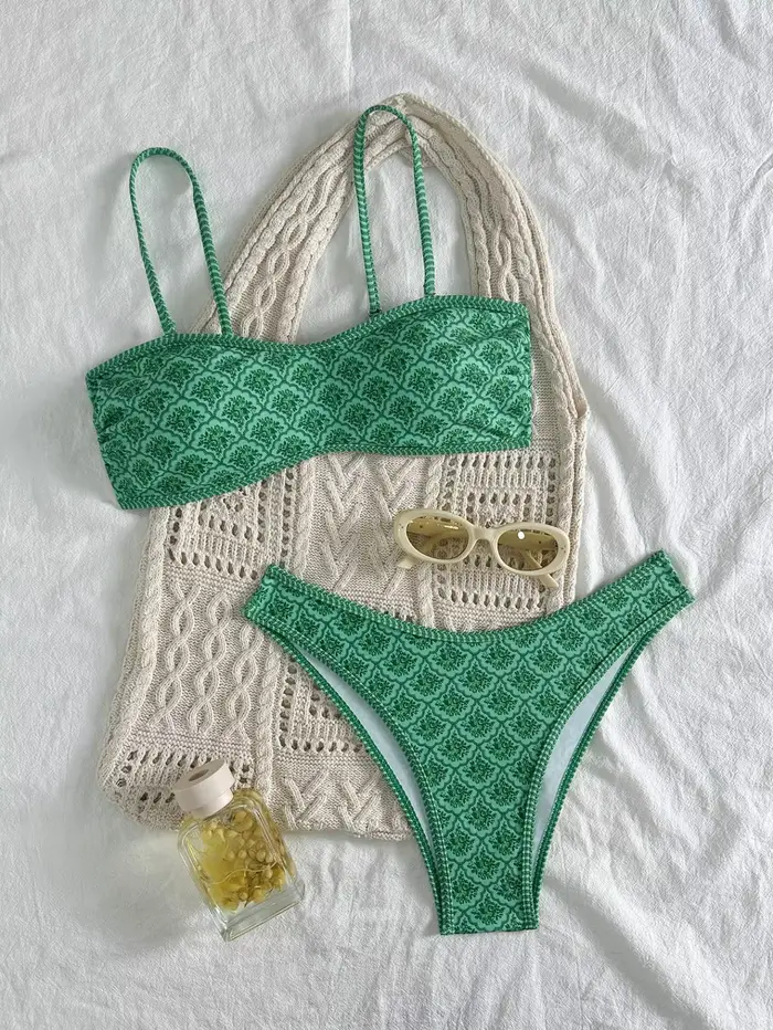 Bikini Bandeau Sexy 2026 Femme Vert Floral Plissé Push-Up Rembourré String Maillot de Bain Été Deux Pièces Biquini