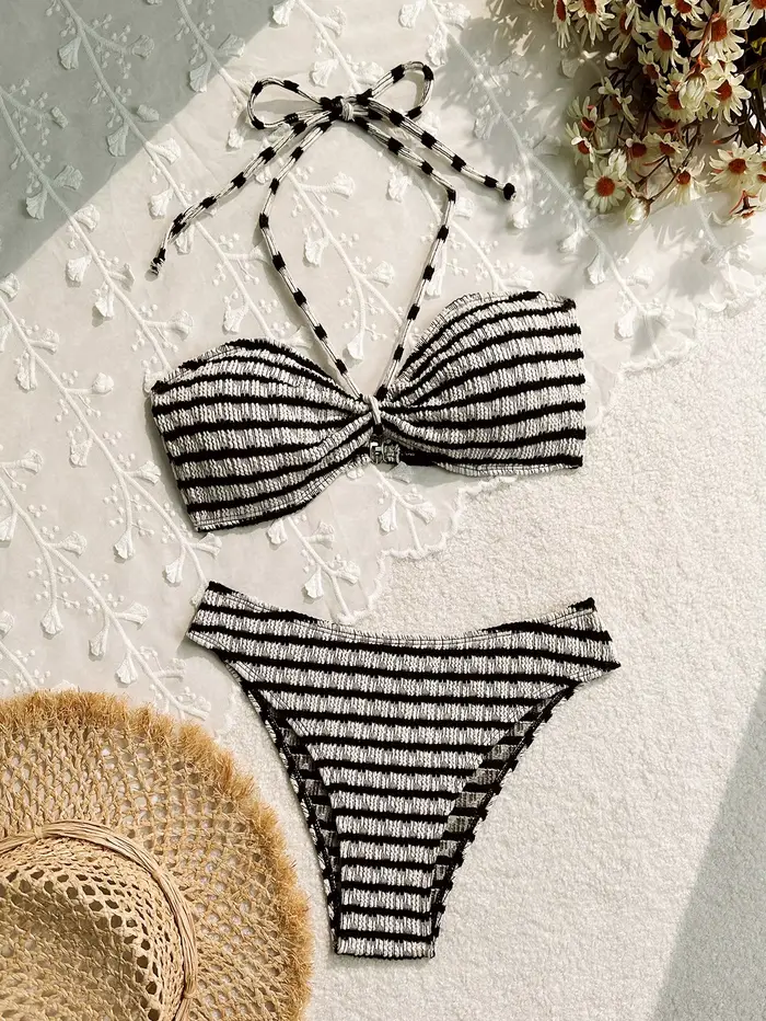Ensemble bikini sexy rose à rayures 2026 pour femme, avec soutien-gorge push-up plissé et maillot de