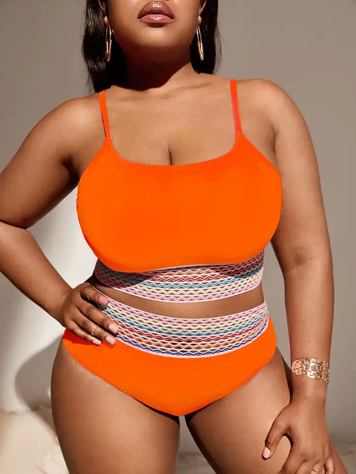 Maillot de bain femme grande taille 2026 avec bordure contrastante orange, taille haute, pour la pla