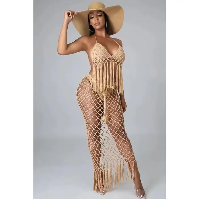 Cover Ups de bikini au crochet fait à la main pour femmes, coupe à pampilles, jupe longue, ensembles