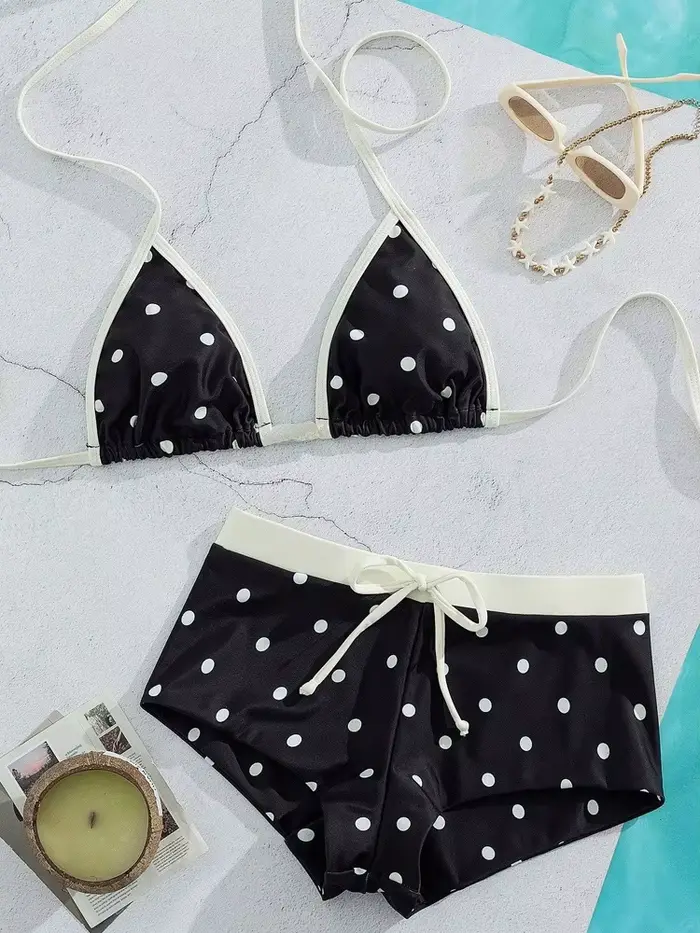 Ensemble de bikini pour femme brésilienne sexy, imprimé à pois, haut triangle exposé au dos et bas d