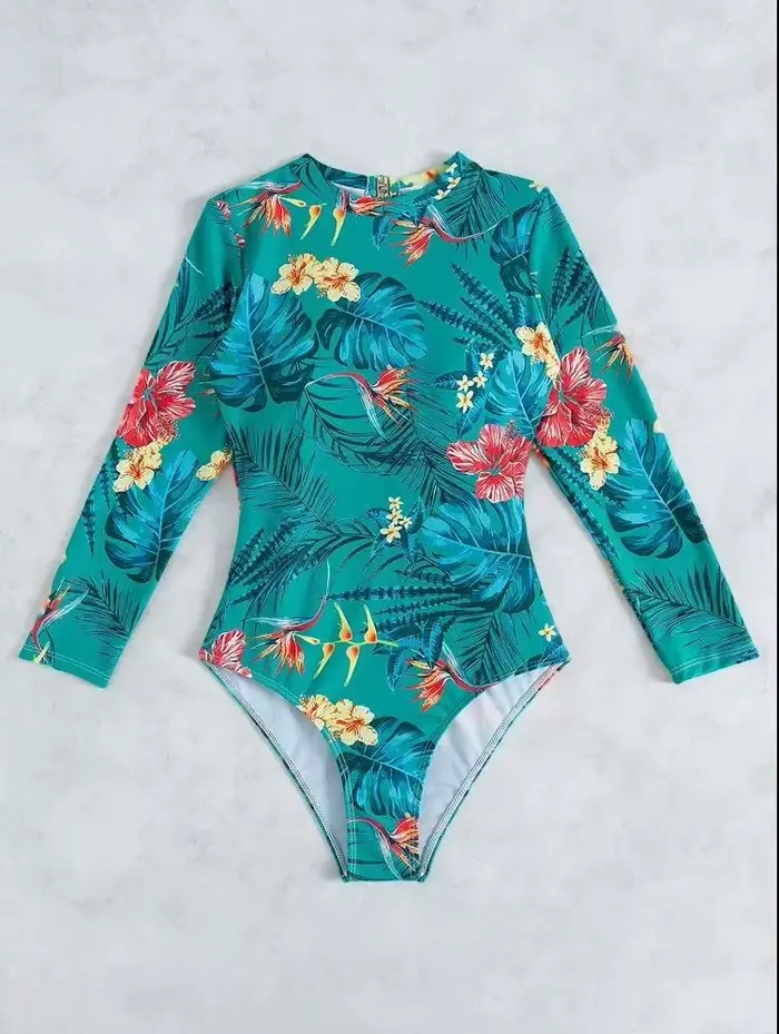 Maillot de bain une pièce à col haut, dos nu, à la mode, manches longues, adapté à la plage et à la 
