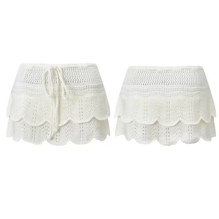Jupe de plage pour femmes, cache-maillot, taille à cordon, ajourée, mini-jupe superposée, été 2026, 