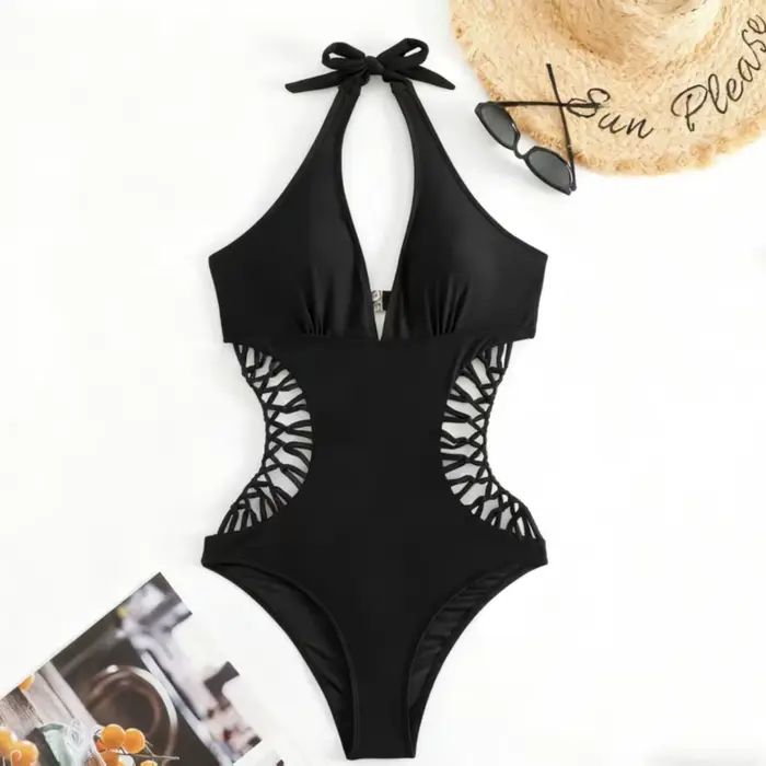Maillot de bain une pièce en résille fait main pour femme, couleur unie, bretelles ajourées, dos nu 