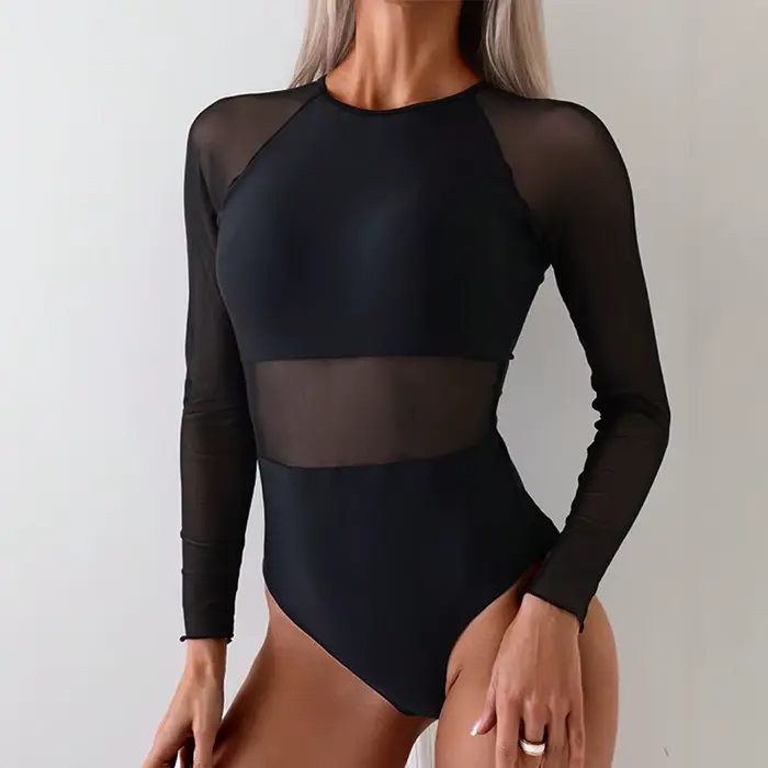 Maillot de bain une pièce en maille transparente épissé pour femmes